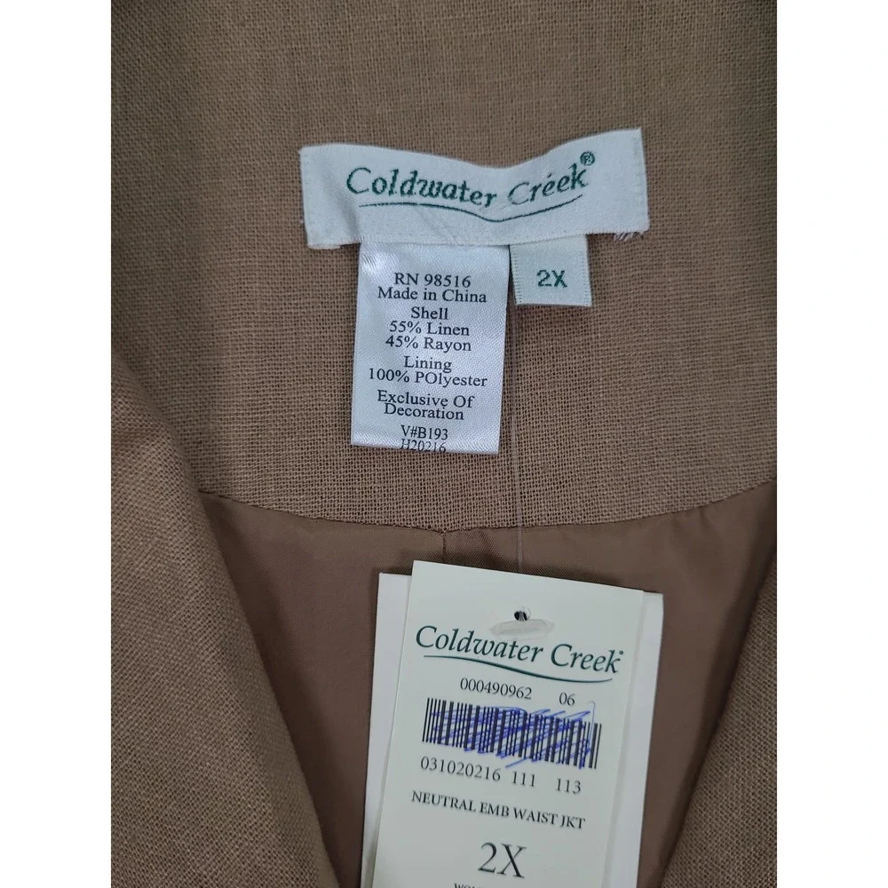 Coldwater Creek Neutral‎ Embroidered Waist Jacket Blazer Linen Blend Women's 2X